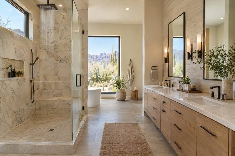 Bathroom with a freestanding tub, a glass walk-in shower, and gray wood-look floor tile
