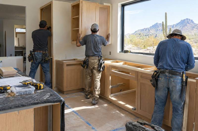 Two people in work clothes reviewing construction plans beside exposed wall framing