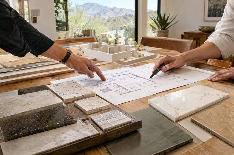 Two people reviewing finish samples and a floor plan at a table