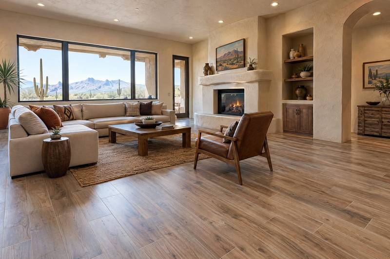 Living room with wide light wood-look plank flooring and a stone fireplace