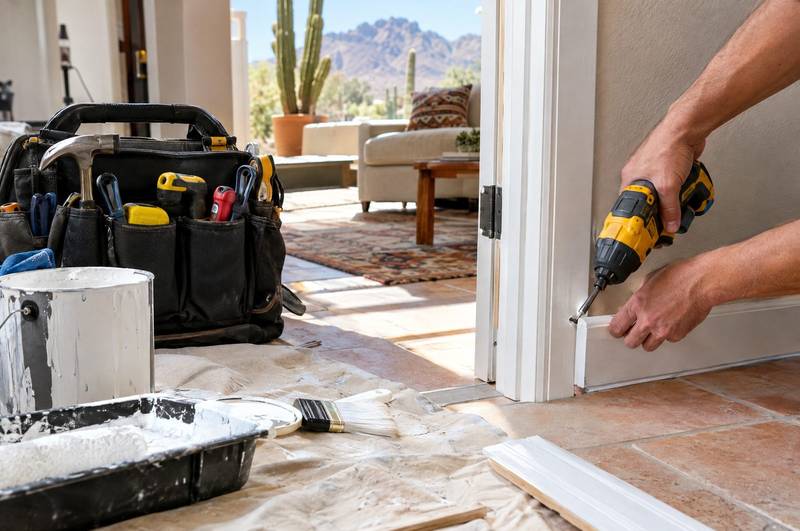 Person using a cordless drill to repair a white interior door