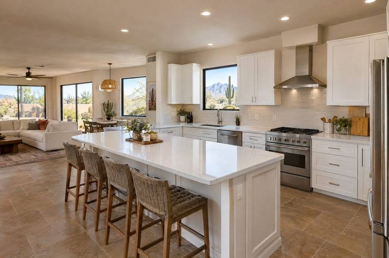White kitchen with shaker cabinets, a waterfall-edge island, and a farmhouse sink