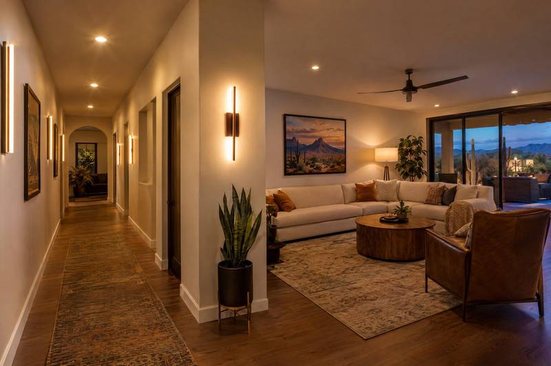 Dining area with a linear pendant over the table and recessed ceiling lights