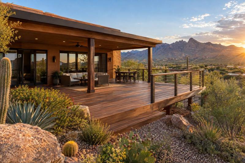 Covered patio with a wood-plank ceiling, a ceiling fan, and desert plants beyond
